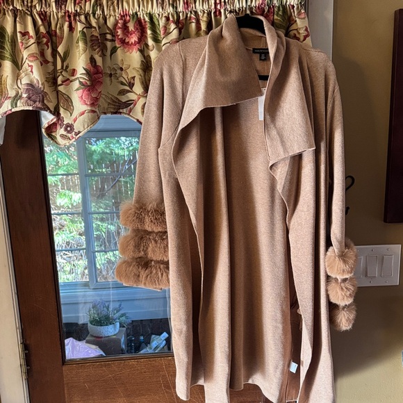 Saks Fifth Avenue Sweaters - Saks Fifth Avenue Tan Cardigan with Faux Fur Sleeves